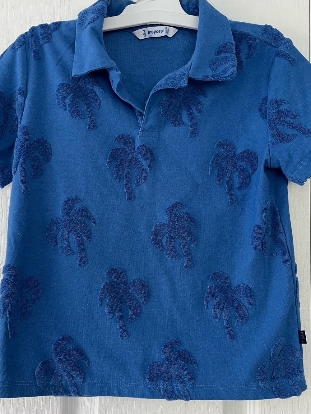 Mayoral Boys Blue Palm Tree Terry Textured Short Sleeved Shirt size 7 122cm